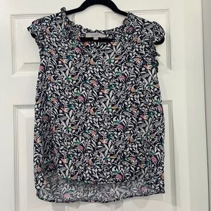 Loft Women’s Short Sleeve Top Navy Blue Multicolor Bird with Ruffles Print Sz S